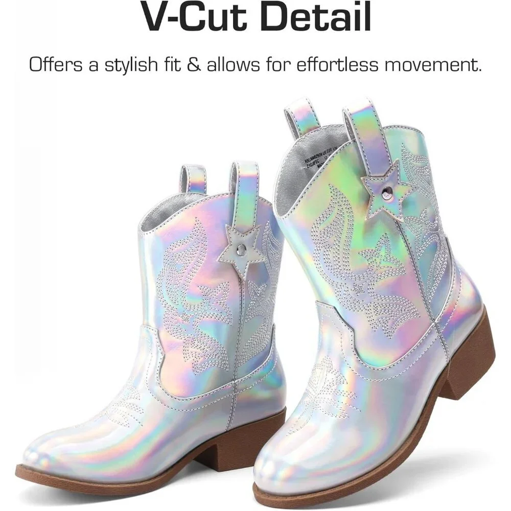 ⚡Girls Silver Cowgirl Boots With Low Heel Western Embroidered Fashion Mid Calf